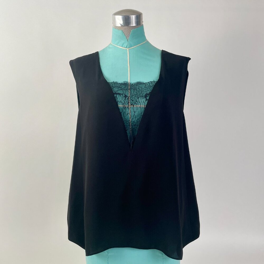NEW BCBGMaxAzria Mishelle Tank Top With Lace Neckline Insert, Black, Size Large